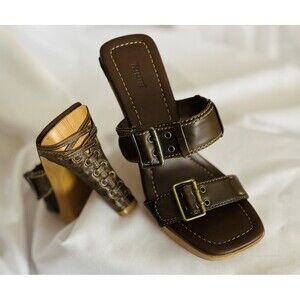 VINTAGE Women's TAUNT Leather High Heel Slides Strappy Sandal Sz 6 EC +🎁